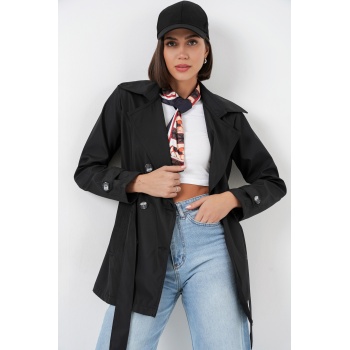 Kadın Kuşaklı Kısa Trençkot 5982 - Siyah