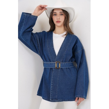 Kadın Kemerli Kot Ceket Tunik 5985 - Mavi