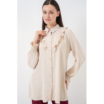 Kadın Fırfırlı Uzun Gömlek Tunik 5986 - Krem
