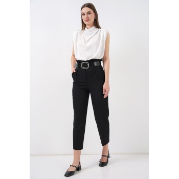 6556 Kemerli Kumaş Pantolon - Siyah