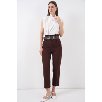 6556 Kemerli Kumaş Pantolon - Kahverengi