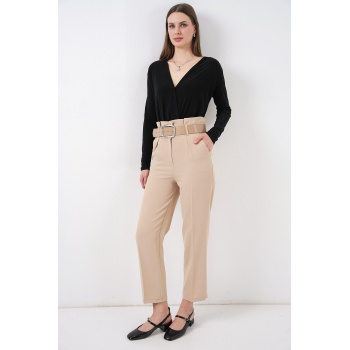 6556 Kemerli Kumaş Pantolon - Krem