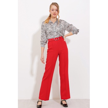 Kadın Kırmızı Yüksek Bel Kumaş Pantolon 6584