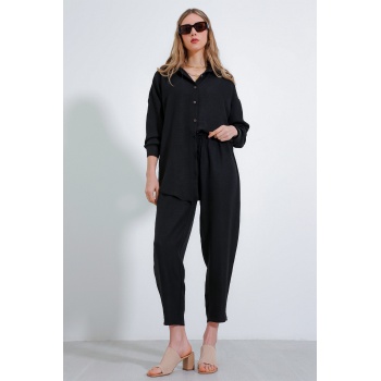 Kadın Siyah Oversize Keten Alt Üst Takım 6622