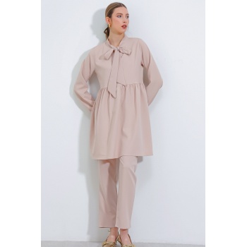 Kadın Krem Örme Pantolon Tunik Alt Üst Takım 6654