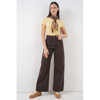 Kadın Bol Paça Yüksek Bel Palazzo Kot Pantolon 6656 - Kahverengi