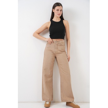 Kadın Bol Paça Yüksek Bel Palazzo Kot Pantolon 6656 - Vizon