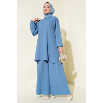 Kadın İndigo Tunik Pantolon Alt Üst Takım 6663