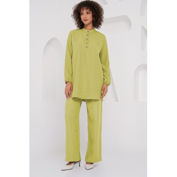 6678 Keten Tunik Pantolon İkili Takım - G.Yeşil