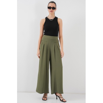 Kadın Geniş Paça Pileli Pantolon 6718 - Haki