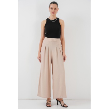 Kadın Geniş Paça Pileli Pantolon 6718 - Krem