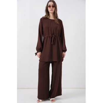 Kadın Uzun Tunik Pantolon İkili Takım 6719 - Kahverengi