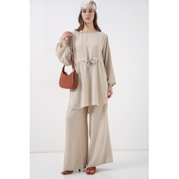 Kadın Uzun Tunik Pantolon İkili Takım 6719 - Krem