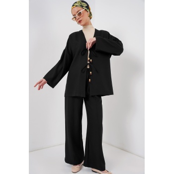 Kadın Keten Kimono İkili Takım 6727 - Siyah