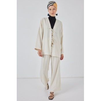 Kadın Keten Kimono İkili Takım 6727 - Ekru