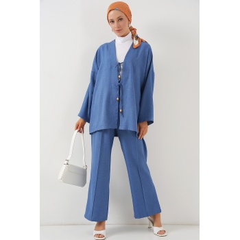 Kadın Keten Kimono İkili Takım 6727 - İndigo