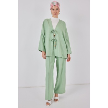 Kadın Keten Kimono İkili Takım 6727 - E.Yeşil