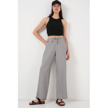Kadın Geniş Paça Keten Pantolon 6735 - Gri