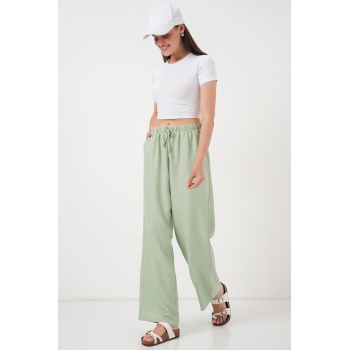 Kadın Geniş Paça Keten Pantolon 6735 - E.Yeşil