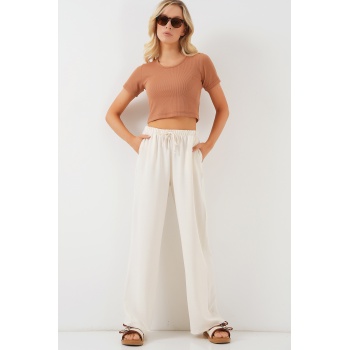 Kadın Yüksek Bel Bol Paça Pantolon - Krem