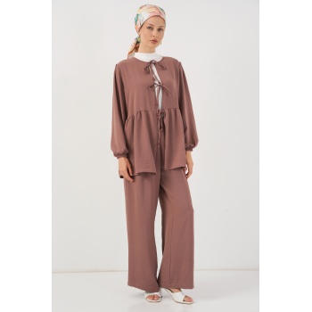 Kadın Önü Bağcıklı Tunik Pantolon İkili Takım 6744 - D.Gül Kurusu