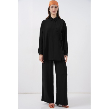 Kadın Bağcıklı Tunik Pantolon İkili Takım 6752 - Siyah