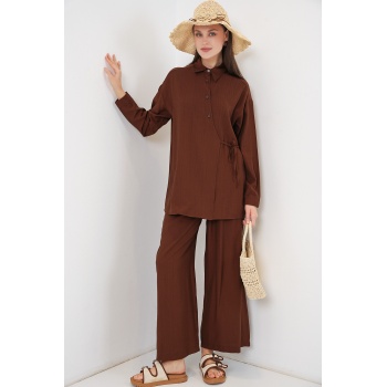 Kadın Bağcıklı Tunik Pantolon İkili Takım 6752 - Kahverengi