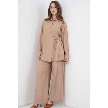 Kadın Bağcıklı Tunik Pantolon İkili Takım 6752 - Bej