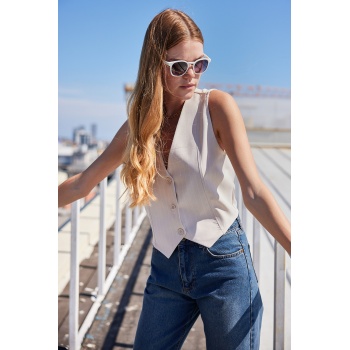 6794 Çizgili Dokuma Yelek - Bej