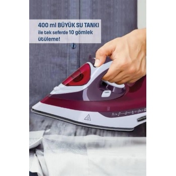 Yeni Nesil Kırmızı Buharlı Ütü 2200 Watt Seramik Tabanlı Yüksek Buhar Gücü