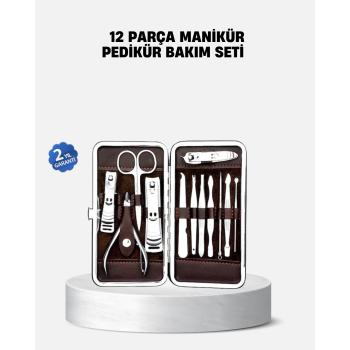 Özel Deri Çantalı 12 Parça Manikür Pedikür Bakım Seti Paslanmaz Çelik