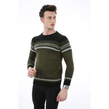 Desenli Haki Kalın Kışlık Erkek Günlük Triko Kazak