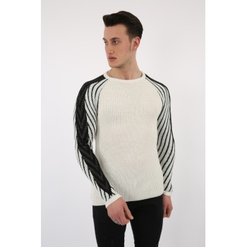 Erkek Beyaz Kolu Şeritli Kalın Kışlık Günlük Triko Kazak