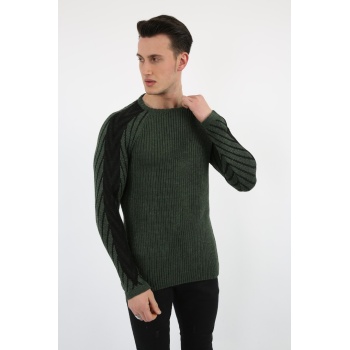 Erkek Haki Kolu Şeritli Kalın Kışlık Günlük Triko Kazak