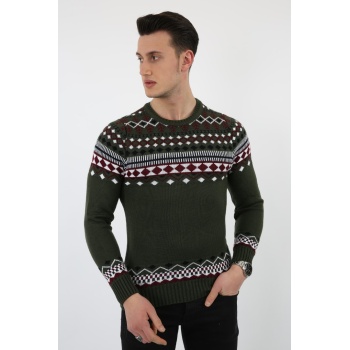 Karışık Desenli Yeşil Kalın Kışlık Günlük Triko Kazak
