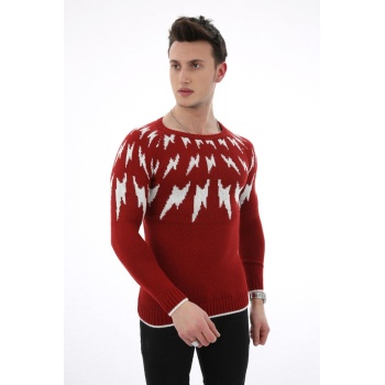 Şimşek Desenli Kırmızı Kalın Kışlık Günlük Triko Kazak