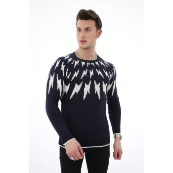 Şimşek Desenli Lacivert Kalın Kışlık Günlük Triko Kazak