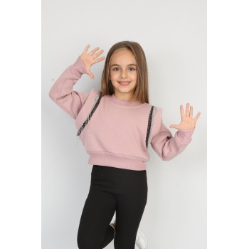 Üç İplik Şardonlu Omuz Detaylı Kız Çocuk Günlük Crop Sweatshirt