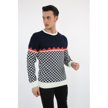 Üçgen Desenli Lacivert Kalın Kışlık Günlük Triko Kazak