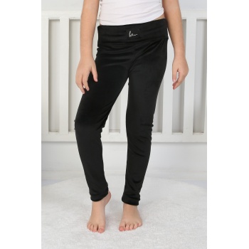 Likralı Kadife Kumaş Arma Detaylı Kız Çocuk Günlük Tayt