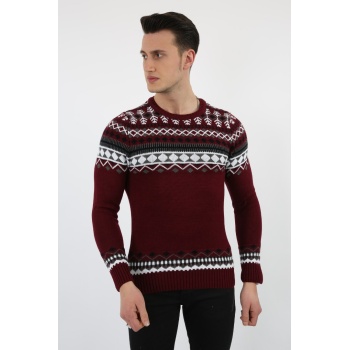 Karışık Desenli Bordo Kalın Kışlık Günlük Triko Kazak