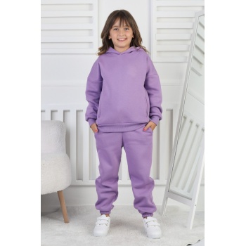 Şardonlu 3 İplik Baskılı Kapşonlu Kız Çocuk Takım