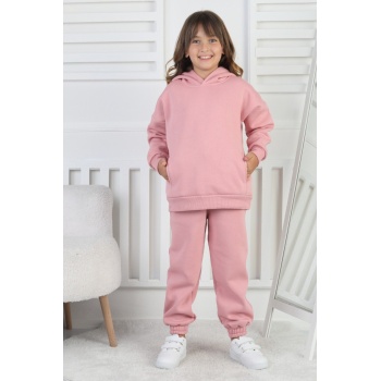 Şardonlu 3 İplik Baskılı Kapşonlu Kız Çocuk Takım