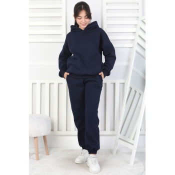 Şardonlu 3 İplik Baskılı Kapşonlu Kız Çocuk Takım