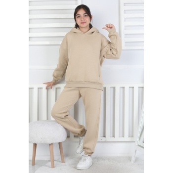 Şardonlu 3 İplik Baskılı Kapşonlu Kız Çocuk Takım