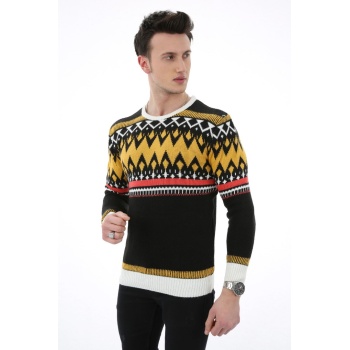 Renkli Desenli Sarı Kalın Kışlık Günlük Triko Kazak