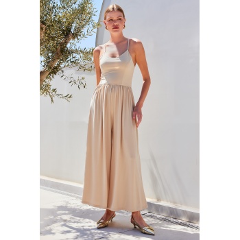7029 Bol Paça Askılı Tulum - Bej