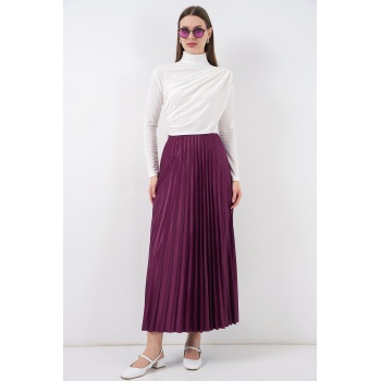 8009 Deri Görünümlü Piliseli Etek - Mor