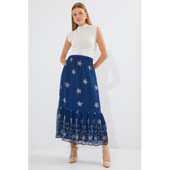 Kadın Lacivert Desenli Şifon Etek 8010
