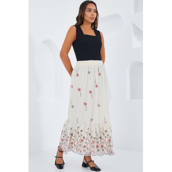 Kadın Ekru Desenli Şifon Etek 8010
